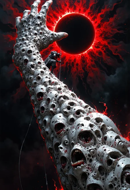 Cinematic wide shot of a massive, towering arm stretching upward, its surface grotesquely covered in a dense, overlapping layer of human faces frozen in expressions of agony and despair. A lone figure, dressed in tattered, battle-worn armor, clings desperately to a rope as they climb the arm, their silhouette stark against the vast, nightmarish backdrop. The figure's hands are bloodied and strained, contrasting against the monochromatic palette of the scene. Above, a black sun eclipse looms ominously in the sky, casting a sickly, blood-red light that illuminates the contours of the arm and the twisted faces embedded in it. The sky is filled with swirling, ghostly faces, their mouths open in silent screams, blending into the darkness. The color palette is dominated by sharp contrasts of white, black, and deep crimson red, creating a sense of overwhelming dread and hopelessness. The arm seems to stretch endlessly, evoking a sense of scale and futility, while the figure’s determined climb adds a glimmer of resistance against the overwhelming forces. Inspired by dark fantasy and horror, the image captures the climactic struggle of man against a grotesque, god-like force.