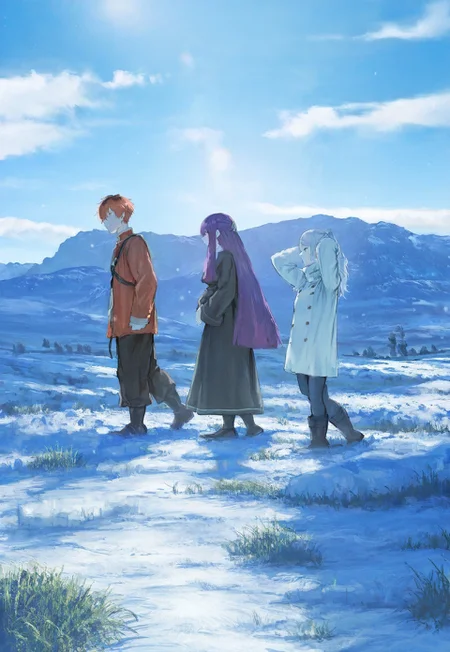 gyoukan \(jfxc\), sousou no frieren, fern \(sousou no frieren\), frieren, kraft \(sousou no frieren\), stark \(sousou no frieren\), 2boys, 2girls, arms behind head, backlighting, black dress, blue sky, blue theme, boots, brown footwear, brown pants, cloud, coat, crossed arms, dress, from side, grass, hill, lens flare, light particles, long sleeves, looking at another, mountainous horizon, multiple boys, multiple girls, outdoors, pants, red coat, sky, snow, walking, white coat, wide shot