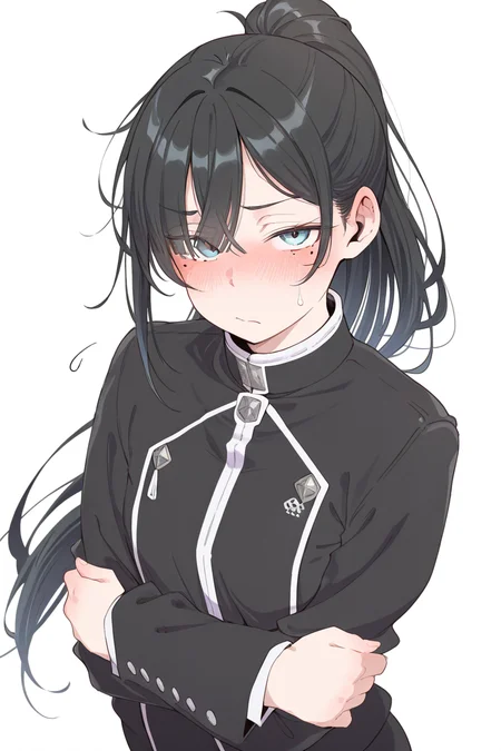 masterpiece, best quality, amazing quality,
 <lora:Eito_IL:1> eito, 1girl, solo, crossed arms, long hair, mole, white background, mole under eye, ponytail, blush, black hair, simple background, looking at viewer, bangs, sweatdrop, closed mouth, black jacket, long sleeves