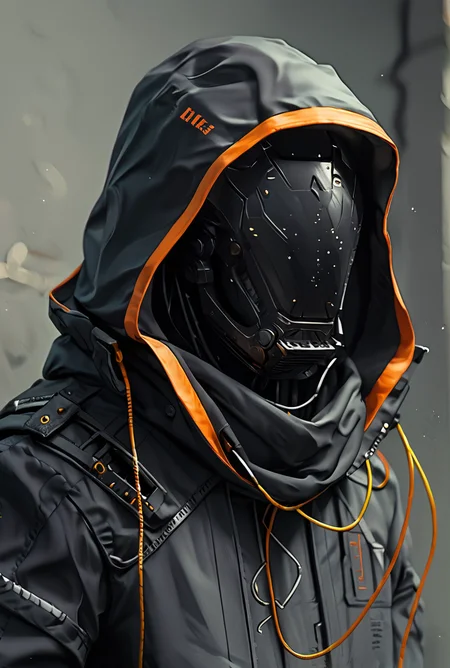 score_9, score_8_up, score_7_up,score_6_up, score_5_up, score_4_up, BREAK
techwear, <lora:TechWearPony:0.8>,
, hood, science fiction, solo, upper body, cable,black jacket,robot mask