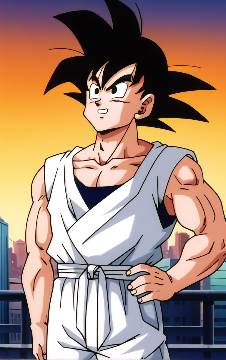 score_9, score_8_up, score_7_up, BREAK
ARTSTYLE_DragonBallZ_ownwaifu,  retro artstyle, 1990s \(style\), 
1boy, male focus, black hair, black eyes, spiked hair, son goku, 
dougi, collarbone, muscular male,
(contrapposto, hand on hip), sunset, sidelighting, cityscape, vanishing point, outdoors, <lora:PONY_STYLE_DragonBallZ_ownwaifu:1> , depth of field, solo,