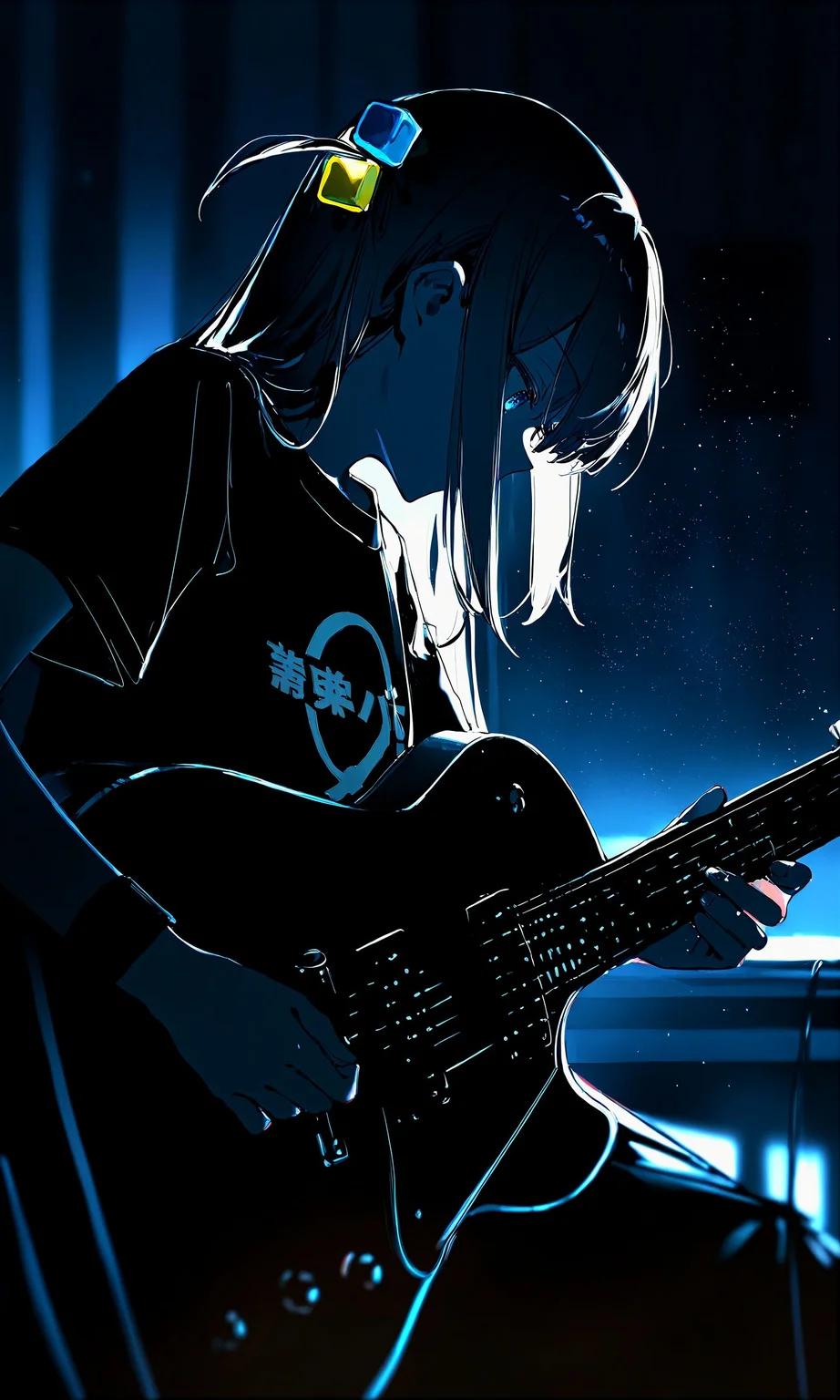 <lora:spo_sdxl_10ep_4k-data_lora_webui:1> masterpiece, best quality, very aesthetic, absurdres, highres, newest, 2023, , bocchi the rock!, gotoh hitori, from side, 1girl, solo, looking down, playing the guitar, holding guitar, covered mouth, black t-shirt, live house, black theme, dark, spot light, spot color, depth of field, motion blur, shade, particles
