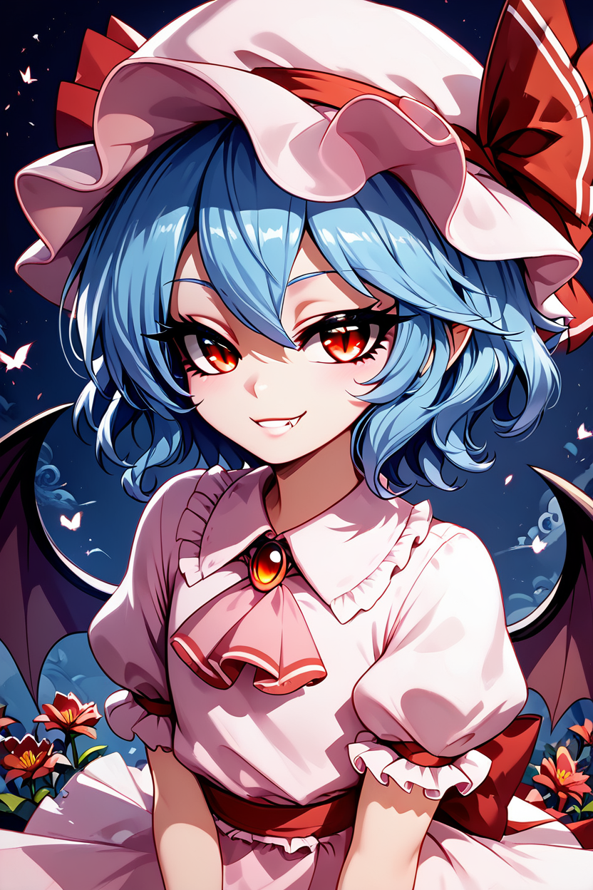 score_9, score_8_up, score_8, (curvy), cute, eyelashes,      BREAK,  zzRemilia, red eyes, blue hair, short hair, hat, ribbon, pink dress, wings, ascot, hat ribbon, bat wings, short sleeves, frills, puffy sleeves, smile, smug, <lora:Remilia_Touhou_PDXL:0.8>, glowing eyes,  upper body,  BREAK, smile, looking at viewer,  ,,, shiny skin, <lora:ProAnime_PDXL_v1:0.8>, night garden, flowers, soft shadows, moonlight reflecting off skin, whisper of wind, ,,,  embedding:zPDXL, Expressiveh,  <lora:SDXLFaeTastic2400:0.5>,  <lora:Expressive_H-000001:0.4>,