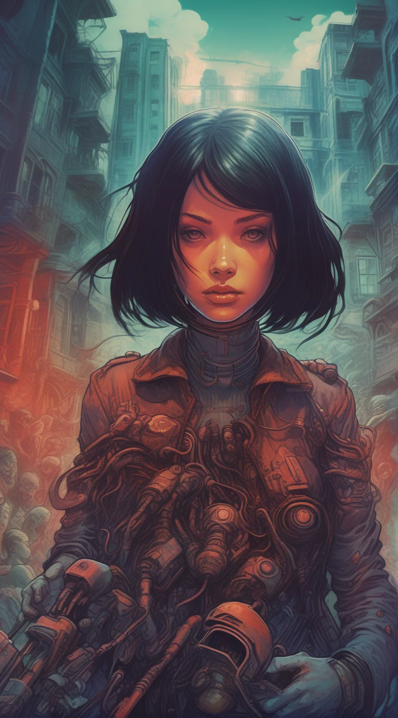 drawix4 cyborg girl, hell, destroyed buildings and a group of people in the background, a dark and mysterious world unfolds, enigmatic dreamscape surrealistic <lora:drawix4:1>