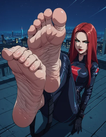 score_9, score_8_up, score_7_up, anime_source, BREAK,
masterpiece, best quality, mature woman, solo, retro artstyle, <lora:NewAvengers:0.6> black widow, long red hair, black body suit, belt, green eyes, bracelets, black gloves, barefoot, soles, wrinkled feet, looking at viewer, smirk, rooftop, night, cityscape, <lora:g4n1m3XLP:0.7> g4n1m3