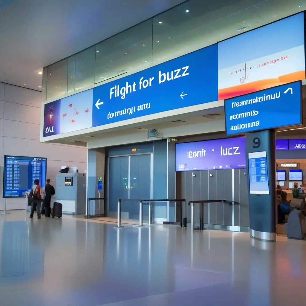 Airport lobby, Blue information board with text "flight for buzz"