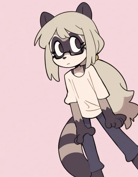 colored outlines,
dutch angle, pastel background,
1girl, solo, furry, anthro raccoon girl, hazel eyes, glasses, straight blonde hair, long ponytail, (button-up shirt:1.2),