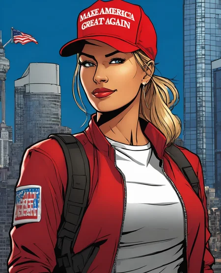 woman wearing red maga hat. upper body. cyberpunk city at background illustration. comics style. actress. professional. photo. high quality. highres. ([:hat with text "make america great again":0.25]:1.1). <lora:maga_hat_optimized:0.95>