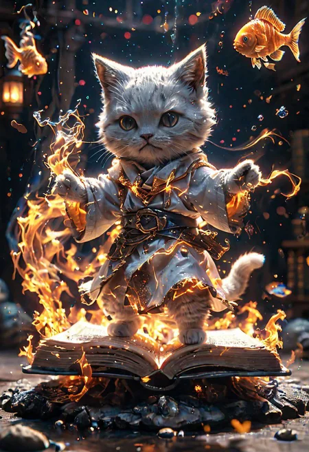 amazing quality, masterpiece, best quality, hyper detailed, ultra detailed, UHD, perfect anatomy, magic world, (kitten and fish:1.4), fish in the air, spell magic to get fresh fish as food,( fish jumping from magic book:1.3), energy flow, a full body of a cute kitten, kawaii, wearing witches robe, witches hat, holding magic book, magic book on one hand, spell magic, hkmagic, extremely detailed, glowneon, glowing
