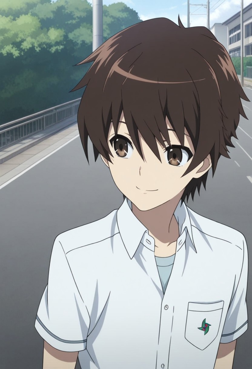 masterpiece,best quality,amazing quality, source_anime,
KoichiSakakibara, 1boy, male focus, solo, brown eyes, brown hair, school uniform, shirt, white shirt, collared shirt, short sleeves, smile, outdoor,