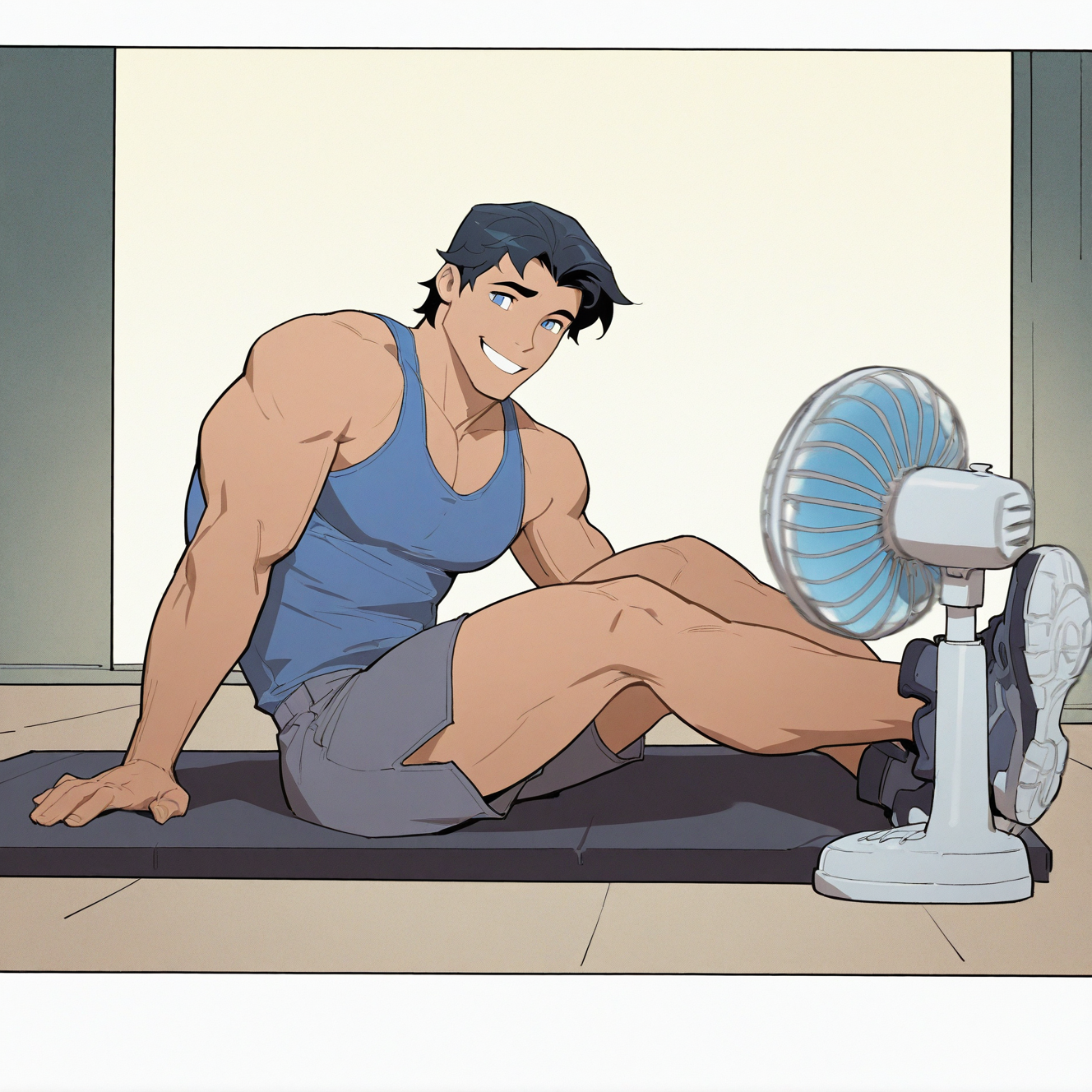 <lora:NIGHTWING_DFA-IL:1> nightwing_dfa, solo, smile, blue eyes, black hair, 1boy, sitting, male focus, shorts, shoes, grin, muscular, dark-skinned male, tank top, sneakers, shoe soles, grey shorts, exercise, gym, blue tank top, looking at viewer, short hair, shirt, blue hair, black eyes, muscular male, pectorals, bara, electric fan, motion blur, film grain, abstract, natural lighting, fantasy, cinematic, dynamic view, very awa, masterpiece, best quality, absurdres, newest, perfect quality, detailed background, intricate details, (artist:fl \(l-fl\):0.7), (artist:tooboshoo:0.7), (artist:dizdoodz:0.8)