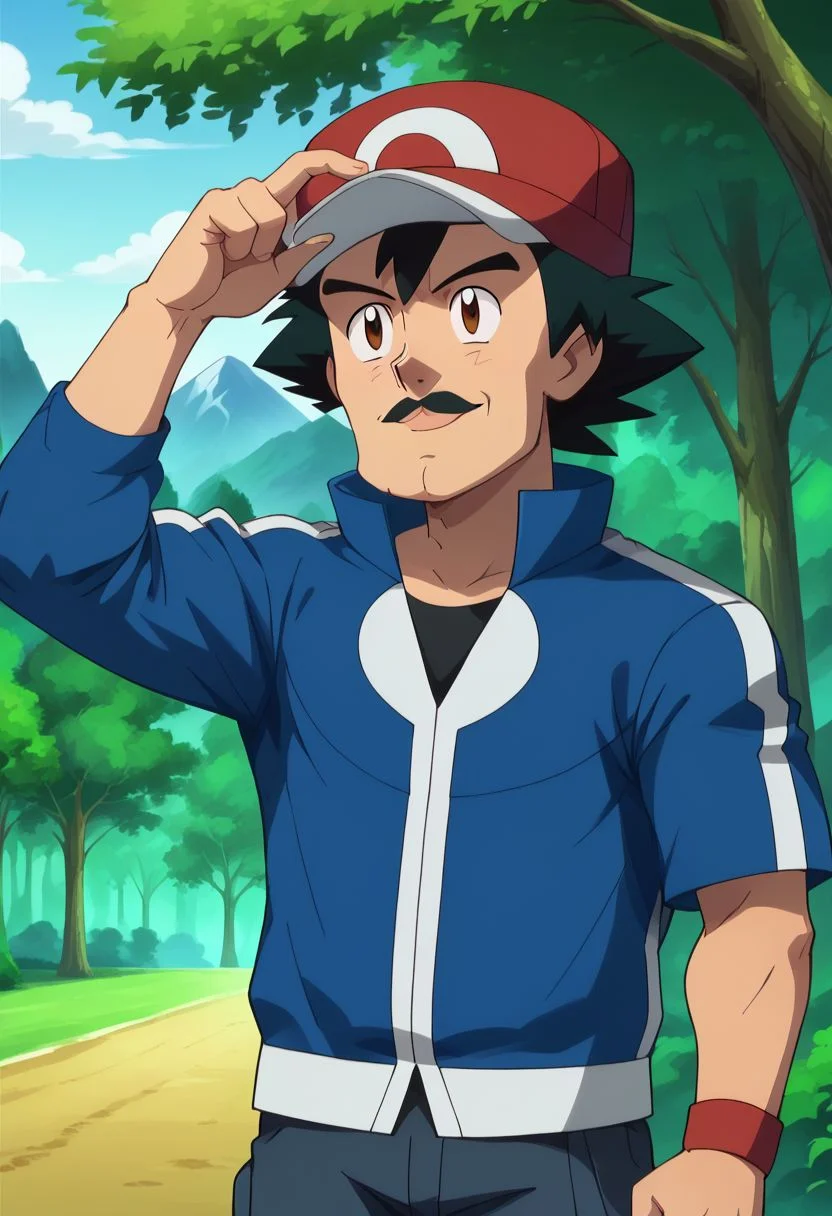 score_9, score_8_up, score_7_up, source_anime, BREAK, anime screencap, highly detailed, 1boy, solo, male_focused, looking at viewer, cowboy shot,
ash_ketchum, hat, brown eyes, black hair, messy hair, baseball cap, outdoors, forest, mountains, scenery, jacket, closed mouth, smug, shirt, blue jacket, a
standing, big smile, teeth, manly, arm up, finger guns, holding poke ball, ((ash_ketchum with an epic beard and mustache)), epic black beard, epic black mustache, handsomize, muscular, <lora:brdanmu_beard_mustache_hair_V2.0:8>
