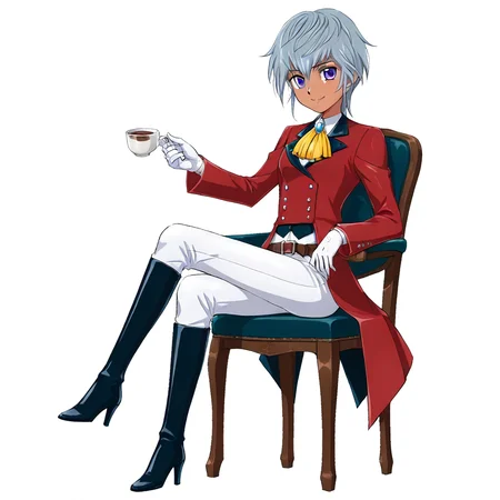 Asana Mutsuba, 1girl, solo, dark skin, short hair, grey hair, white hair, blue eyes, purple eyes, white shirt, blue brooch, red coat, yellow ascot, white gloves, brown belt, white pants, black footwear, high heel boots, knee boots, sitting on chair, drink tea, smile, looking at viewer,