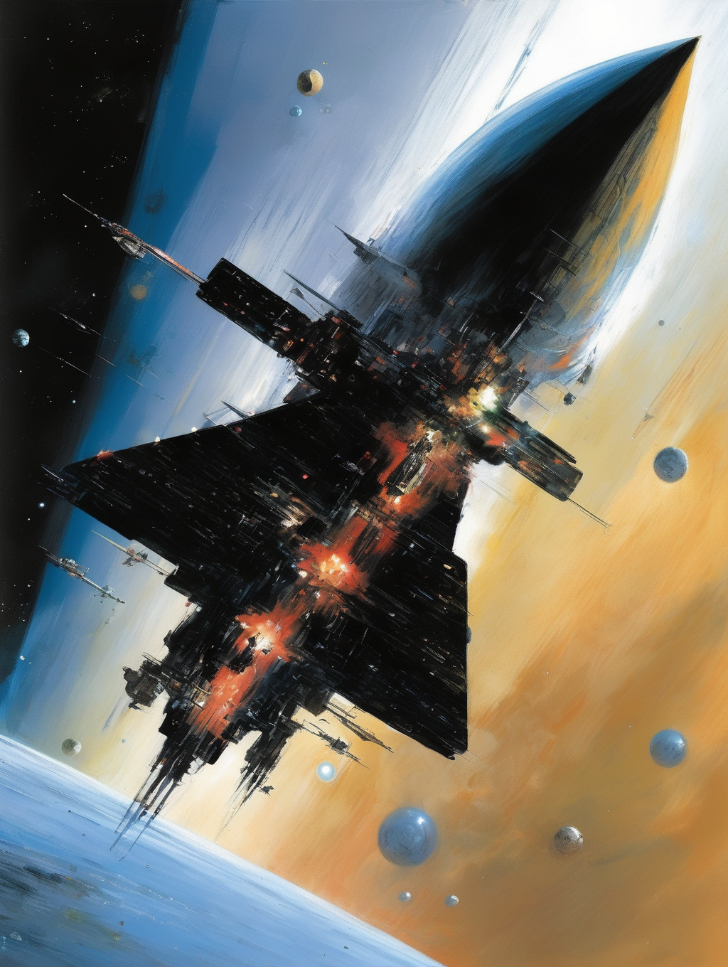 <lora:John Berkey Style:1>John Berkey Style - John Berkey, spcae ships, crafts, sci fi, 100 of spaceships, At the farthest known point of our universe, a sector of space like no other resided. Ever quiet and motionless, seemingly paused in a single moment in time, the nebula shone brightly like amber and pierced outward into the cosmos. While not endless in size, its calls audible on every known frequency, howled into the hearts of those who heard it, reaching sectors away. Any ships that answered this call never found anyone there, no cause for the sounds or any purpose, only more questions to its origin
