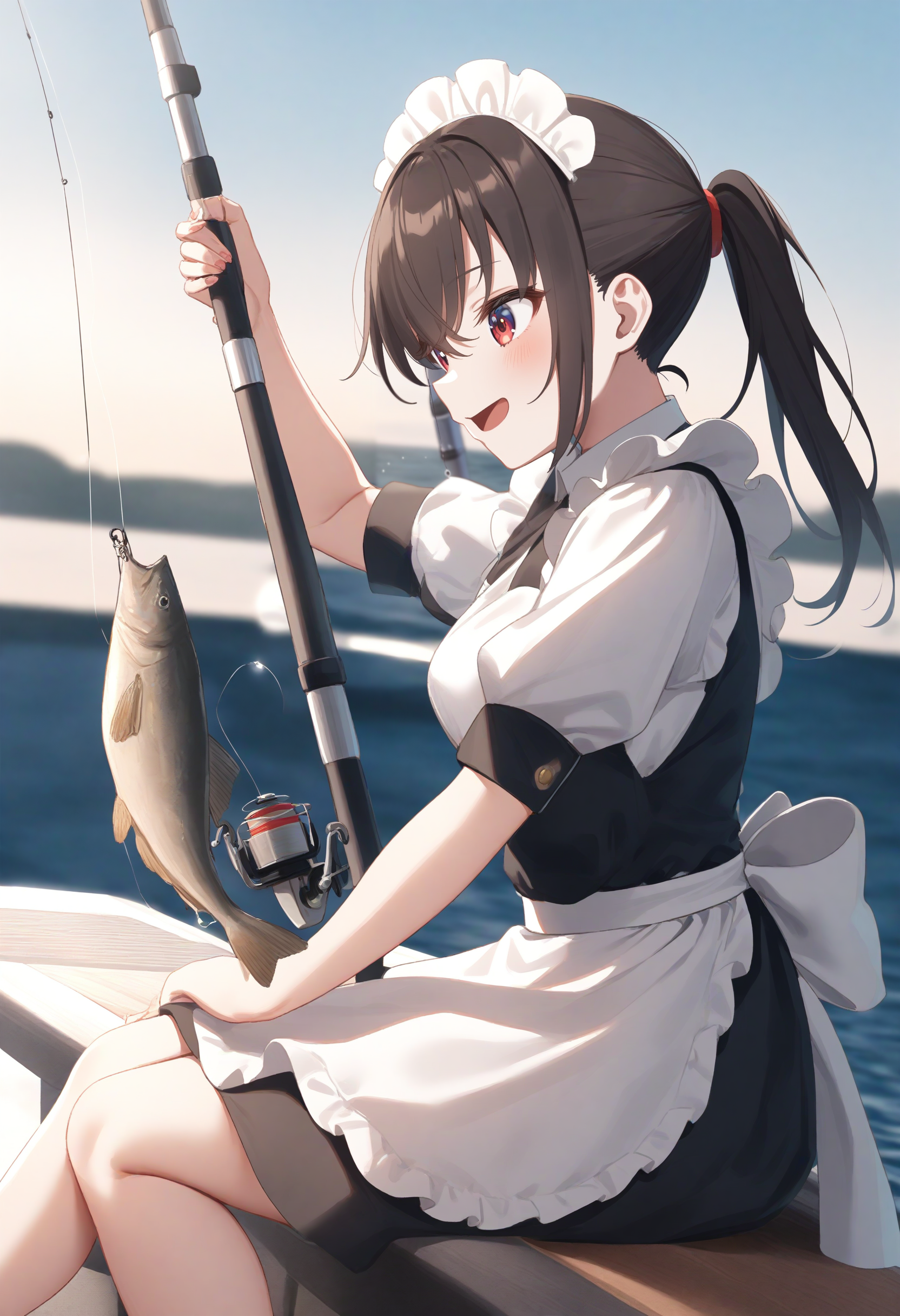 1girl,sincos, ningen mame, toosaka asagi,solo,medium breasts,20yo,maid,maid headdress,
fishing, fishing rod, fish, boat, holding fishing rod, holding fish, ocean, day, arm up, water drop, fishing line, <lora:fishing_XL_v1:0.8>
from side, feet out of frame, looking away, brown hair, red eyes,teasing smile,  open mouth, half updo hair,,
best quality, very aesthetic, absurdres