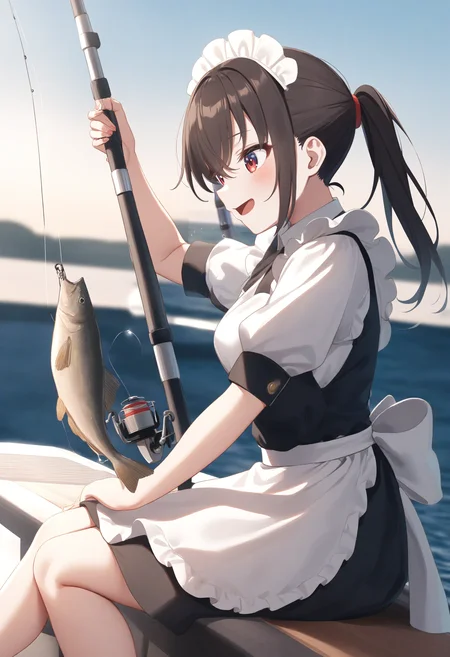 1girl,sincos, ningen mame, toosaka asagi,solo,medium breasts,20yo,maid,maid headdress,
fishing, fishing rod, fish, boat, holding fishing rod, holding fish, ocean, day, arm up, water drop, fishing line, <lora:fishing_XL_v1:0.8>
from side, feet out of frame, looking away, brown hair, red eyes,teasing smile, open mouth, half updo hair,,
best quality, very aesthetic, absurdres