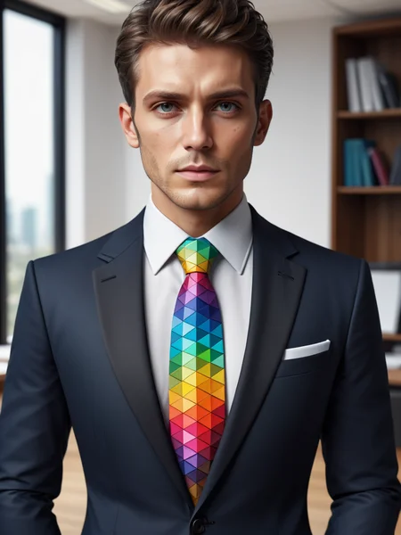 man wearing a colorful mad-triangle necktie and white shirt and black suit in office<lora:Colorful_Triangles_SDXL:0.6>, (masterpiece:1.2), best quality, (hyperdetailed, highest detailed:1.2), high resolution textures