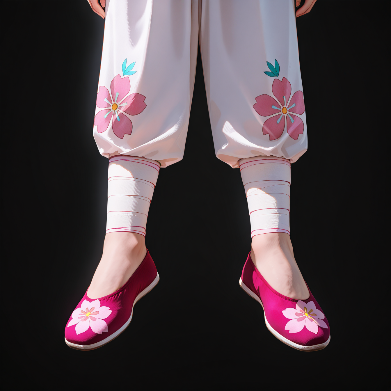 masterpiece,best quality,very awa,very as2,retro style,HDR,8K,
<lora:bflats-000008>,leg wraps,red flats,pink print flats,no socks,floating,lower body,
white pants,standing,footwear focus,matte skin,black very short hair,simple background,black background,