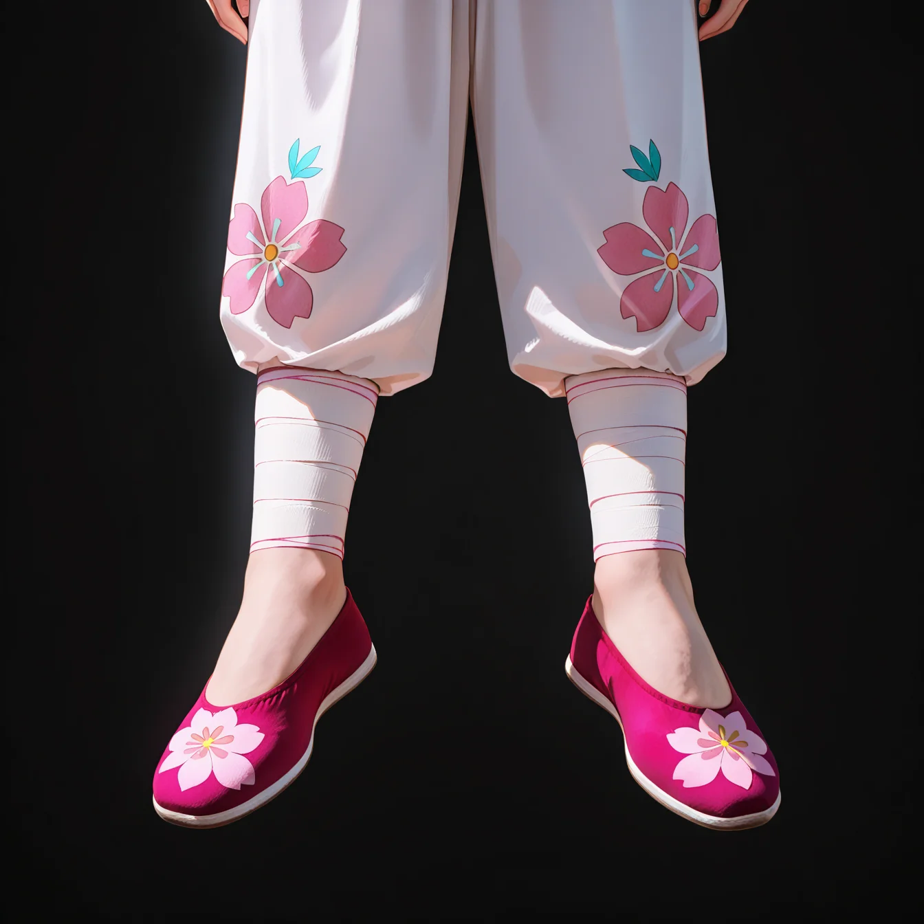 masterpiece,best quality,very awa,very as2,retro style,HDR,8K,
<lora:bflats-000008>,leg wraps,red flats,pink print flats,no socks,floating,lower body,
white pants,standing,footwear focus,matte skin,black very short hair,simple background,black background,
