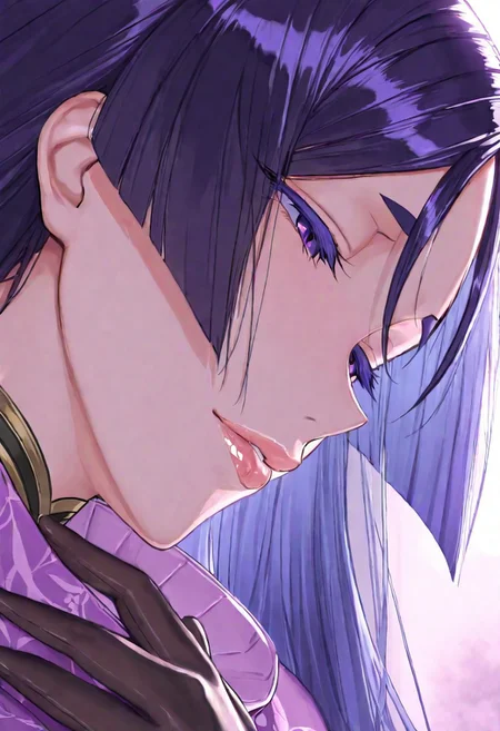 1girl, Minamoto-no-Raikou
\(fate\),, adult woman, milf, masterpiece, purple japanese dress, hand up, black gloves, high collar, dark purple hair, long hair, very long hair, luscious lips, lip gloss, huge breasts, portrait, colored eyelashes, backlighting, purple eyes, goddess, glossy skin, ,hires,best quality, very aesthetic,absurdres,score_9, score_8_up, score_7_up, score_6_up, score_5_up, score_4_up, (hyper extreme detailed), (hyper quality), game CG, (colour:1.2),(from side:0.7)