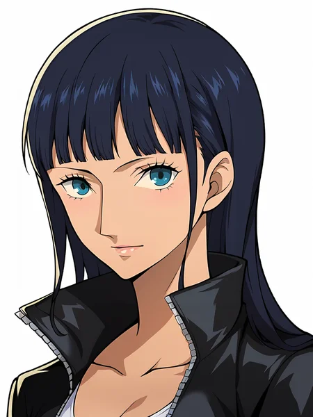 Score_9, score_8_up, score_7_up, source_anime, looking at viewer, (cowboy shot),masterpiece, best quality, upper body, portrait,beautiful, (white background), BREAK, nico_robin, black hair, bangs, tanned skin, black jacket, BREAK, <lora:Persona_5_Portrait_Style_Pony_upscaled:1>,