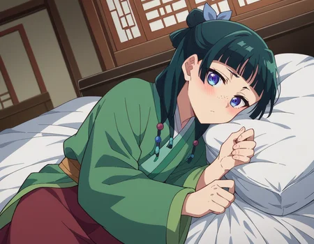 score_9, score_8_up, score_7_up, source_anime,
maomao, <lora:kusuriya-maomao-s1-ponyxl-lora-nochekaiser:1>,
maomao, long hair, bangs, blue eyes, hair ornament, green hair, blunt bangs, freckles, hair bun, single hair bun,
japanese clothes, robe, green robe, long sleeves, wide sleeves, skirt, red skirt,
indoors, bed, bed room, on side, blush, drunk,
looking at viewer, cowboy shot, dutch angle,