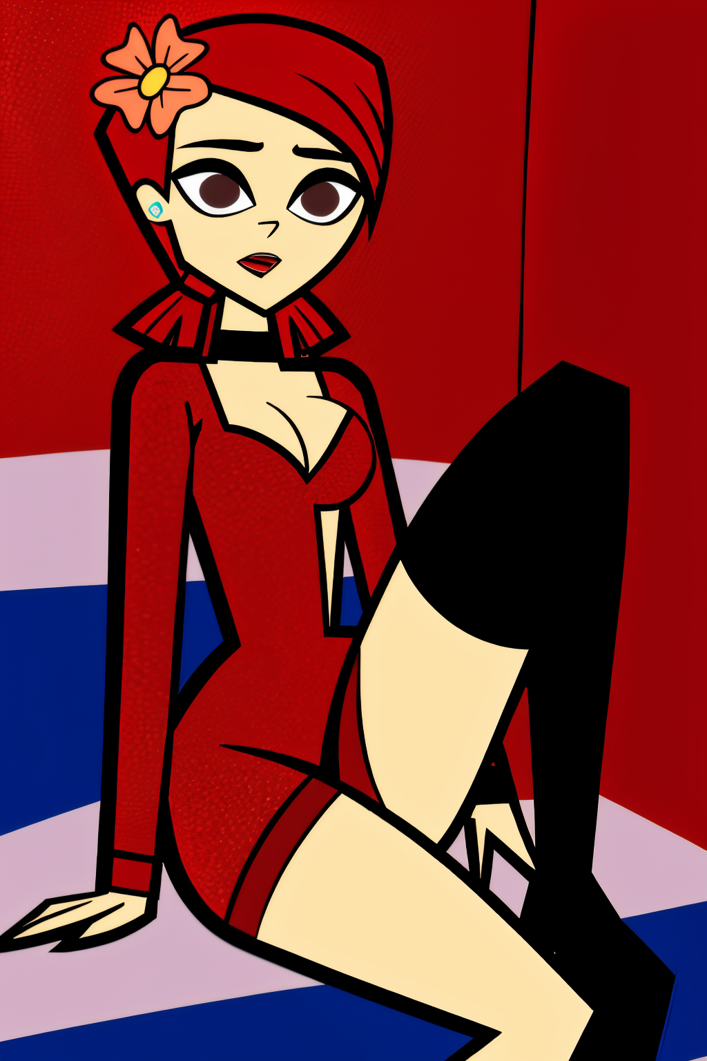 in the Bedroom, (Realistic:1.5) 1girl, solo, open mouth, cleavage, medium breasts, full body, red hair, hair flower, black choker, brown eyes, Sweater dress with knee-high boots <lora:EdobZoeyTotalDrama_v1.0:0.8>