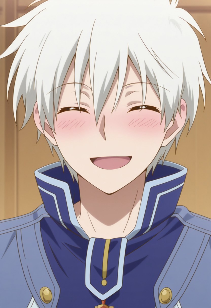 masterpiece,best quality,amazing quality, source_anime, 
ZenWistaria, 1boy, male focus, solo, closed eyes, , white hair, jacket, blue jacket, high collar, smile, open mouth, blush, portrait,