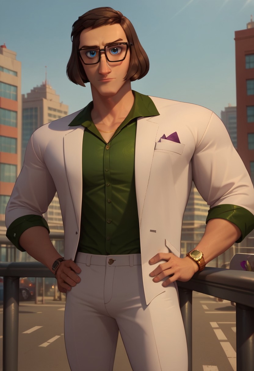((city background)),score_9, score_8_up, score_7_up,score_6_up, 
1boy, solo, SuperScott_HI, light skin, blue eyes, dark brown hair, long-haired bob-cut, glasses, dark brown eyebrows, white blazzer, patterned dark green shirt, formal white pants, purple napkin in blazzer pocket, gold watch on arm, formal black shoes, wide shoulders, broad chest, defined arms, tall stature, big eyes, perfect eyes, cowboyshot, hands on hips, looking at the viewer, standing