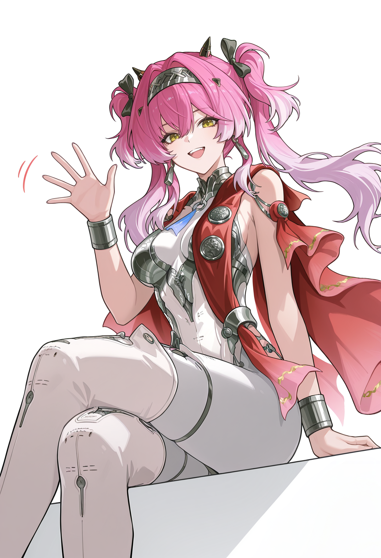 <lora:Lupa v1.0-illustrious-000032:1>,Lupa \(wuthering waves\),solo,breasts,looking at viewer,twintails,open mouth,hairband,boots,thigh boots,smile,high heels,jewelry,leotard,red cape,medium breasts,thighhighs,earrings,cowboy_shot,white_background,sitting,waving,crossed_legs