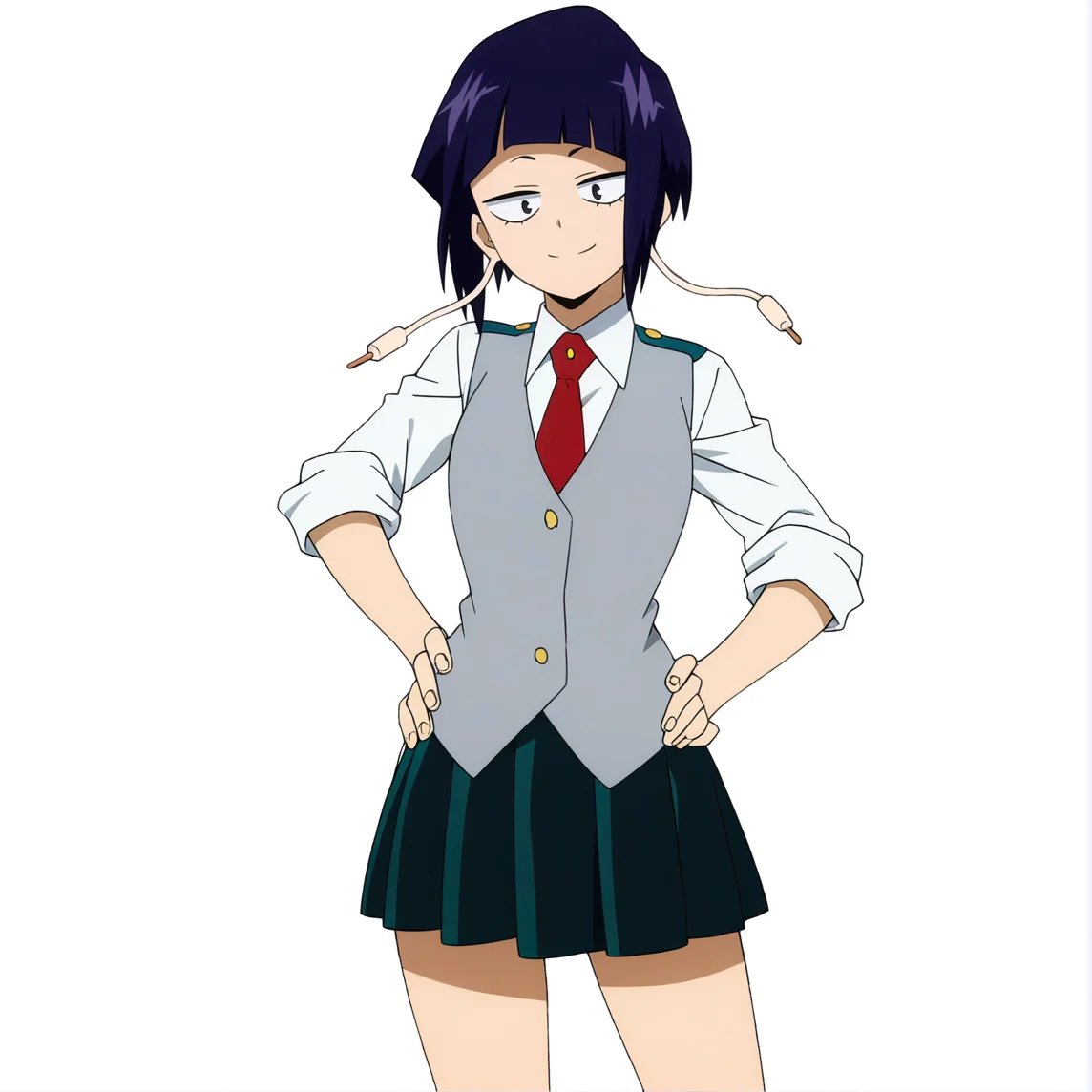 sharp focus, pixiv masterpiece, source_anime, best quality, high res, absurd res, anime_screencap, BREAK
<lora:Kyoka_Jiro_MHA_IL_v49:1> kyokajiro, 1girl, solo, purple_hair, short_hair, black_eyes, bangs, earlobes, earphone_plugs, collared_shirt, green_epaulettes, red_tie, grey_vest, white background, simple background, green_skirt, cowboy shot, simple background, standing,
