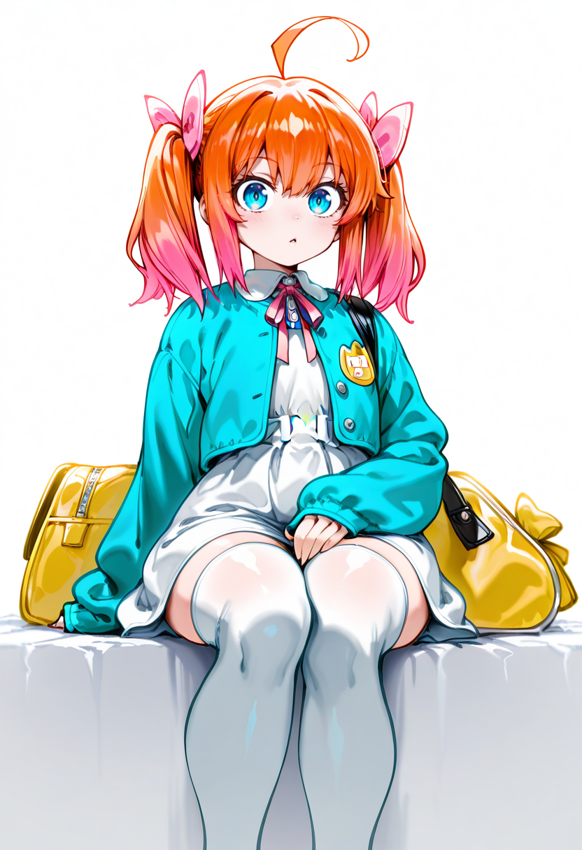 1girl ahoge bag blue_eyes blue_jacket bow child collared_dress dress full_body gradient_hair green_bow hair_between_eyes hair_bow hand_on_own_leg hat jacket kindergarten_bag long_sleeves looking_at_viewer medium_hair multicolored_hair neck_ribbon no_nose open_clothes open_jacket orange_hair parted_lips pink_bow pink_hair pink_ribbon ribbon school_hat sitting sleeve_bow sleeves_past_fingers sleeves_past_wrists solo thighhighs twintails two-tone_hair unworn_bag unworn_hat unworn_headwear white_dress white_thighhighs
, <lora:thegoldensmurfIL:1>, masterpiece, best quality, amazing quality, absurdres, high quality, highres