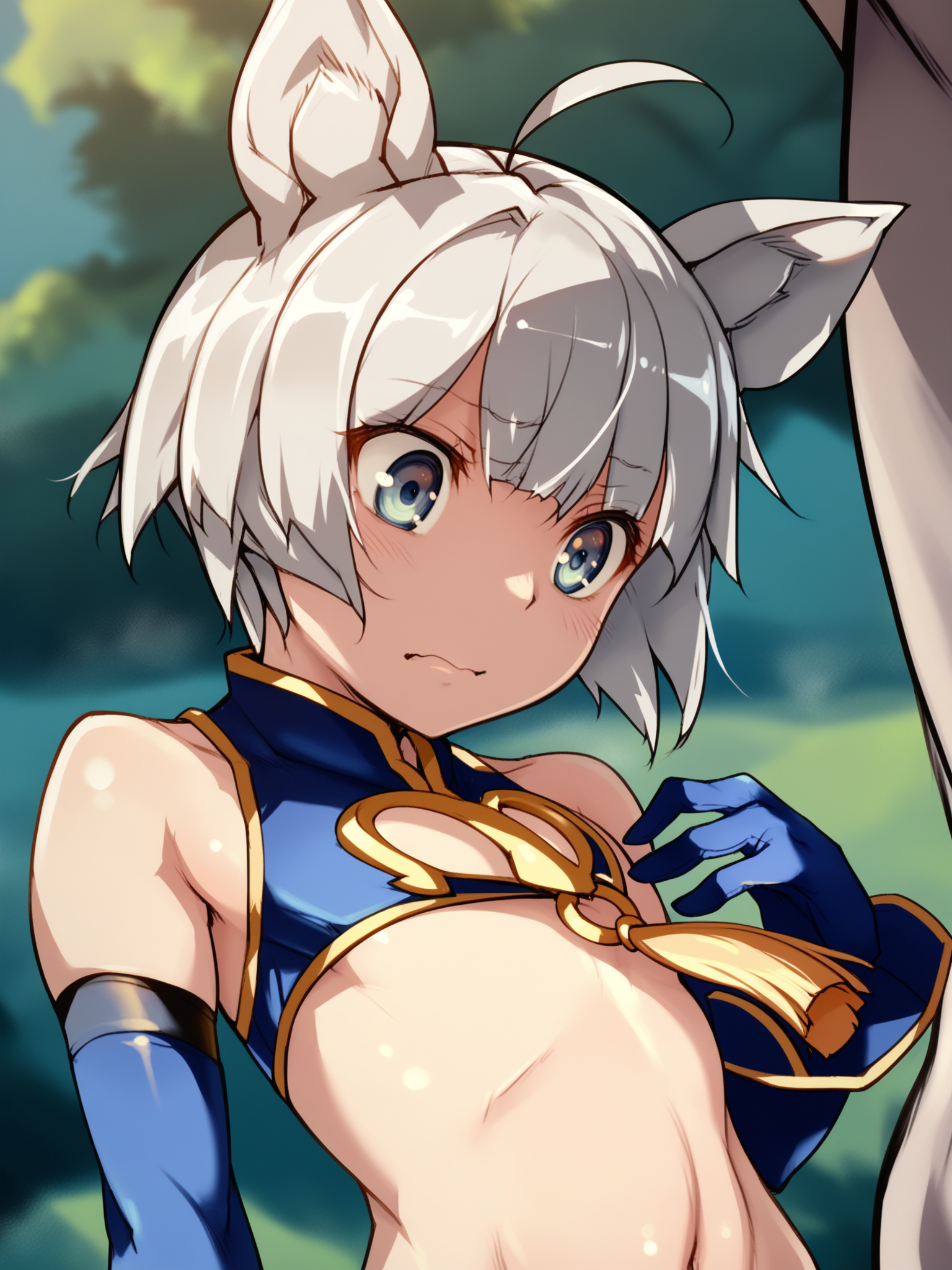 <lora:happy_tentacle-elin-v0.2-000028:1>, ht_elin, animal ears, chinese clothes, blue dress, gold trim, cleavage cutout, center opening, tassel, bare shoulders, elbow gloves, blue gloves, navel, outdoors , 1girl, solo, upper body, wide-eyed , (embarrassed :1.2), , looking down , , facing viewer , score_9, score_8_up, score_7_up, score_6_up, score_5_up, score_4_up