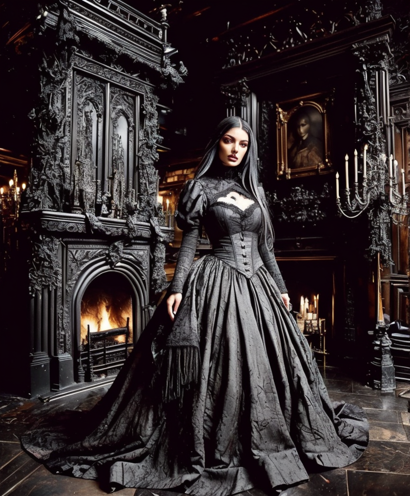 RAW photo, (masterpiece:1.3), subsurface scattering, heavy shadow, (high quality:1.4), (intricate, high detail:1.2), professional photography, HDR, High Dynamic Range, realistic, ultra realistic, photorealistic, high resolution, film photography, ambient lighting, atmospheric effects, <lora:detail_slider_v4:2>, OverallDetail,  dark makeup, jewelry, wearing black dress, coat, cross-laced clothes, dress, gothout, gradient, in a dark gothic library room with a fireplace, gothint,  <lora:Gothic_Outfit:0.54>, <lora:GothicInteriors:0.5>, (perfect hands), <lora:zoom_slider_v1:2>, epiCPhoto,  <lora:cleavage:-1>