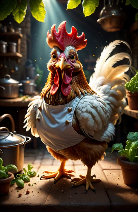 highly detailed portrait of a silly chicken chef, in chef clothing, (feathers:1.5), (cooking:1.3), magical, in a medieval kitchen garden, (shallow depth of field:1.4), foliage, global illumination, radiant light, detailed and intricate environment #cinematic, light shafts, dust motes <lora:FaeTastic:0.6> sparkles, (Extremely Detailed Oil Painting:1.2), glow effects, godrays, Hand drawn, render, 8k, octane render, cinema 4d, blender, dark, atmospheric 4k ultra detailed, cinematic sensual, Sharp focus, humorous illustration, big depth of field, Masterpiece, colors, 3d octane render, 4k, concept art, trending on artstation, hyperrealistic, Vivid colors, extremely detailed CG unity 8k wallpaper, trending on ArtStation, trending on CGSociety, Intricate, High Detail, dramatic