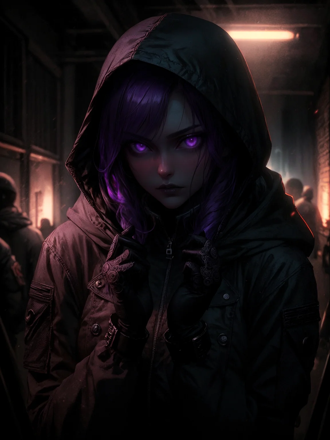 playing with hair, hands up,
stealth operative, female, purple hair, glowing eyes, detailed hooded jacket, intricate tactical gear, focused expression, dark atmospheric setting, high detail, ultra high-resolution, photorealistic, complex composition, cinematic lighting, extremely detailed, masterpiece
<lora:add_detail:0.5>, <lora:epiCRealismHelper:1> <lora:breastsizeslideroffset:0.5> <lora:backlight_slider_v10:-1> <lora:G_G2.0:0.6> Goth girl, Goth girl 1girl