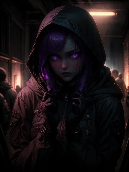 playing with hair, hands up, 
stealth operative, female, purple hair, glowing eyes, detailed hooded jacket, intricate tactical gear, focused expression, dark atmospheric setting, high detail, ultra high-resolution, photorealistic, complex composition, cinematic lighting, extremely detailed, masterpiece
 <lora:add_detail:0.5>,  <lora:epiCRealismHelper:1> <lora:breastsizeslideroffset:0.5>  <lora:backlight_slider_v10:-1> <lora:G_G2.0:0.6> Goth girl, Goth girl 1girl