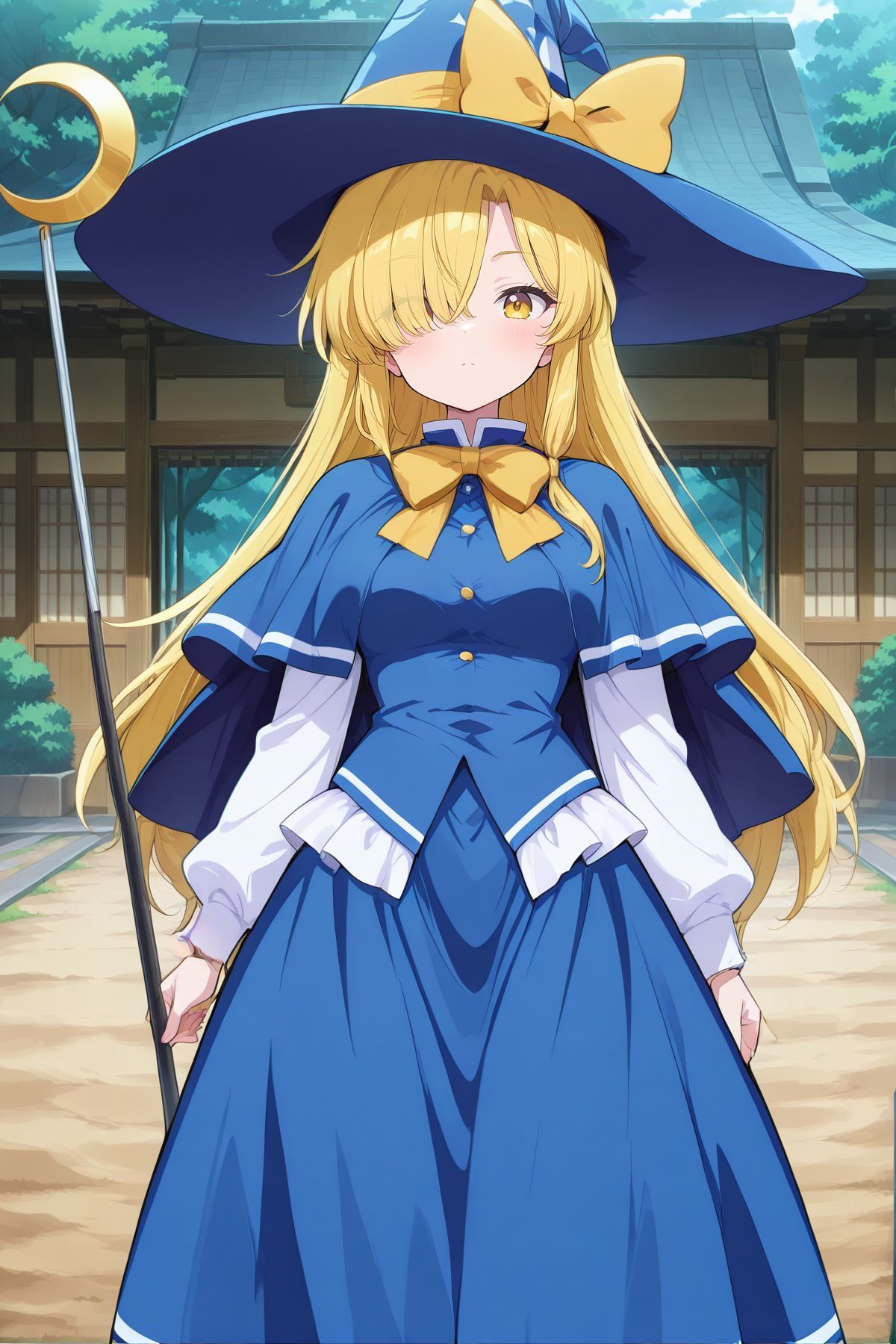 absurdres, highres, masterpiece, best quality, amazing quality, official anime artwork, screencap, anime screencap, outdoors, looking at viewer, light smile, dynamic pose, standing,
 <lora:Marisa-Kirisame-PC98_Illustrious:1> Marisa98, 1girl, solo, yellow eyes, blonde hair hair, long hair, hair over one eye, sidelocks, small breasts,, <lora:Mima_Illustrious:1> wizard hat, blue capelet, yellow bow, blue dress, white sleeves, long sleeves, blue skirt, staff,