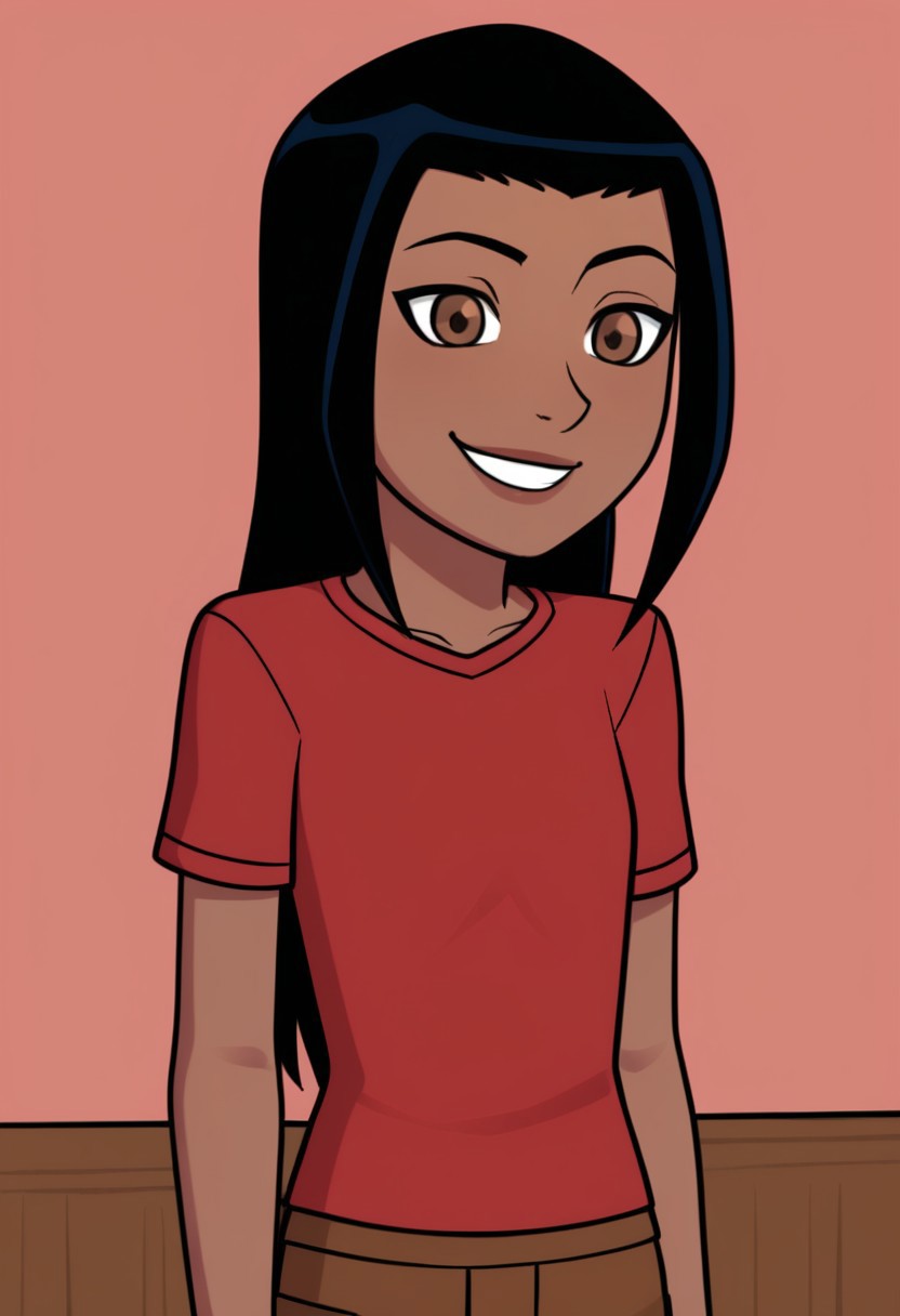 ss_style,ss_kai,1girl,solo,black hair,long hair,brown eyes,dark skinned,red shirt,short sleeves,brown shorts,upper body,smile