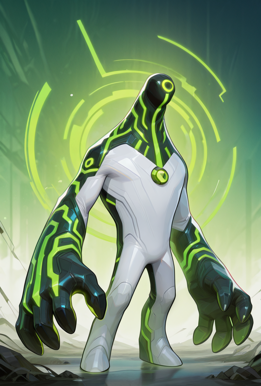 <lora:upgrade-08:1> upgrade, solo, no humans, neon trim, green strips, no humans, big hands,    <lora:AMarvelRivals_style-06:1> MarvelRivals, , , semi realistic, cartoon, masterpiece, best quality, amazing quality, very aesthetic, absurdres, newest,