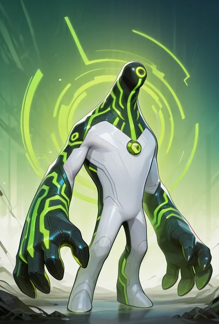 <lora:upgrade-08:1> upgrade, solo, no humans, neon trim, green strips, no humans, big hands, <lora:AMarvelRivals_style-06:1> MarvelRivals, , , semi realistic, cartoon, masterpiece, best quality, amazing quality, very aesthetic, absurdres, newest,