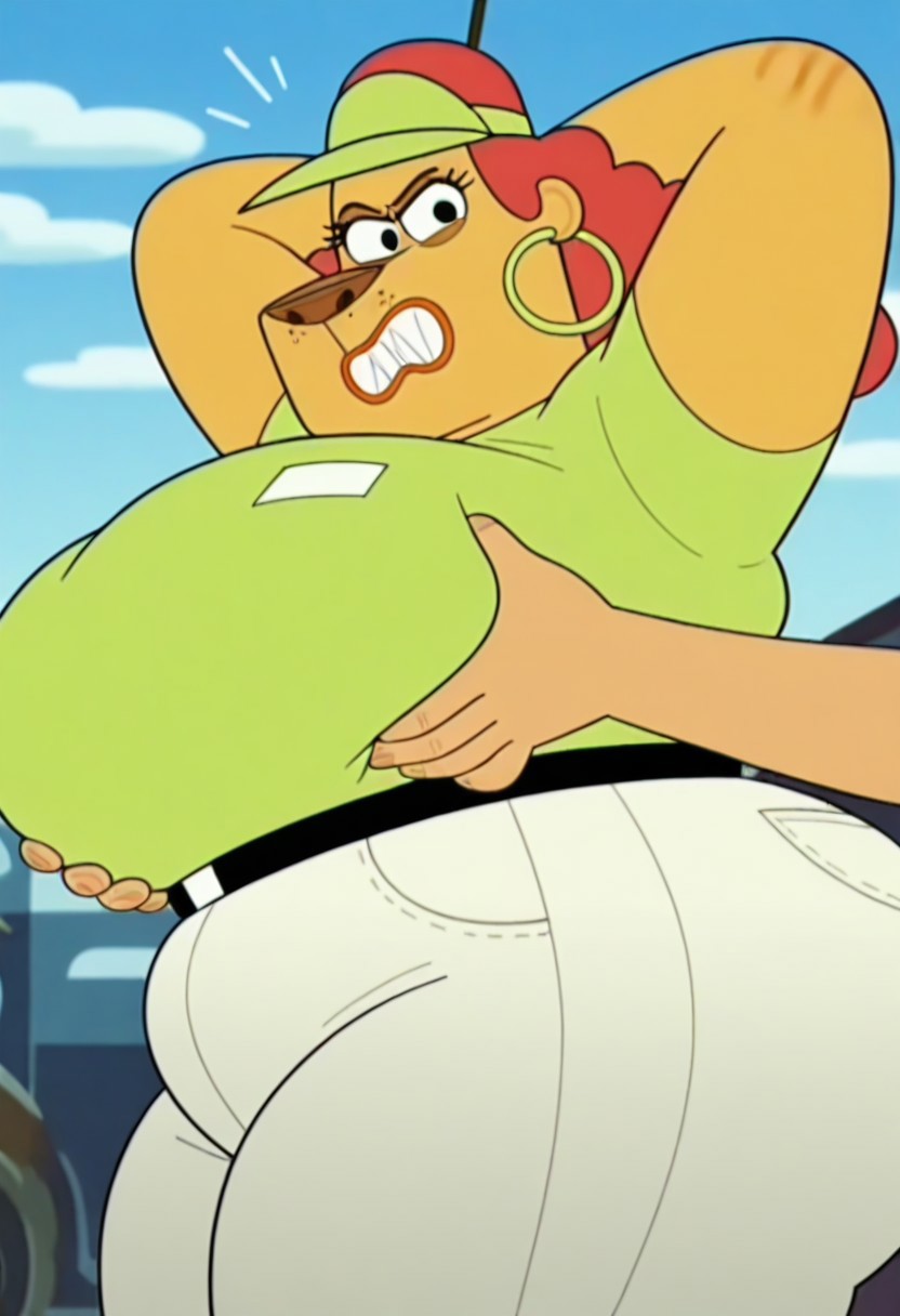 show accurate,1girl, cartoon style
perfect eyes,black dot eyes
muriel from furiki wheels,
hat,visor 
jewelry,red hair, hoop earrings,
large breasts, furry, female, , ,furry , ass,
huge thighs
,fat,hyper breasts,gigantic breasts,
, standing, , ,
upper body,front view,smile,medium body,close up
hands behind head
blue sky, , sky, , , cloud,  , , outdoors, , , solo,  happy expression,smug face , ,  ,looking at viewer,
looking at viewer, breast grab),  grab, deep skin, shocked,confused, surprised,scared,clenched teeth, bedroom, looking at viewer, upper body, 1boy, breast grab by another
side view,side angle
best quality, highly detailed ,masterpiece, best quality, high quality,