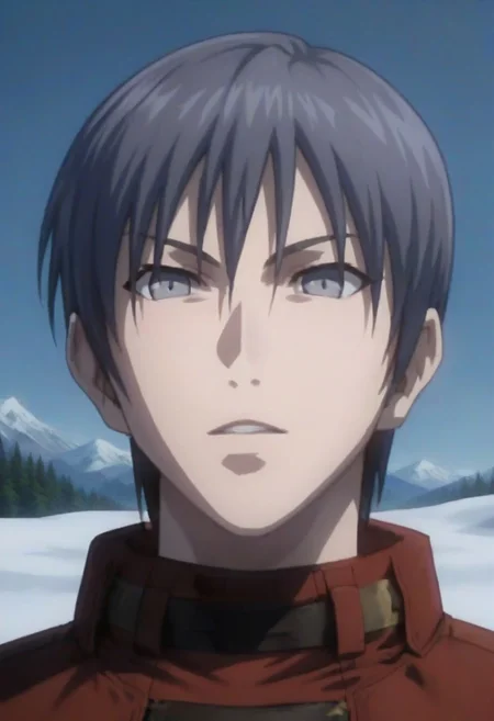 ((masterpiece)), ((best quality)), ((ultra-detailed)), ((absurdres)), score_9_up, score_8_up, score_7_up,
HD, top quality, best quality, amazing quality, High-quality illustrations, anime screencap, source_anime, best aesthetic, perfect proportions, perfect eyes, 1boy, 1male, solo boy, solo male, male focus, solo male focus, Anime, boy, male anime character, anime boy, handsome, sexy, cute, charming, ((looking at front, looking at viewer)), ((front shot, front view, view from front)), Rigardo, purple-gray hair, gray-silver eyes, gray pupils, gray irises, red top, ((face shot, face only shot, face focus)), ((snowy mountains background)), ((Claymore, Claymore anime style))