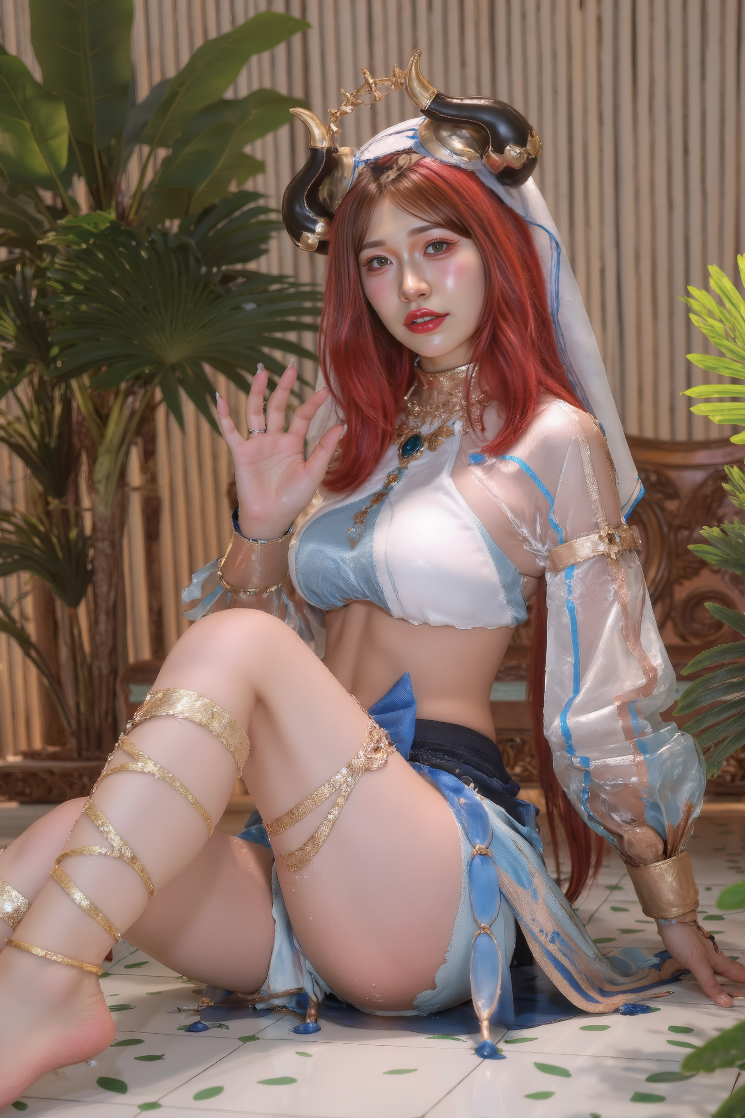 A professional, high-resolution photograph of a young woman gracefully seated on the floor in a side-sitting position, legs swept softly to one side. Her posture emphasizes gentle curves and elegance, one hand lightly touching the floor for balance, the other softly placed in her lap. Her expression is composed, serene, and engaging.

She is wearing a blue and white SGWN59Clothing with horns. Her makeup is dramatic, with dark eyeliner and bold, glossy pink lips. 

The lighting features a high-contrast, monochromatic white color scheme that creates a moody, intimate atmosphere. 

The photography technique uses what appears to be soft lighting to create a glamorous effect, with careful attention to highlighting contours while maintaining the dominant light brown color scheme throughout the frame.

The overall aesthetic combines elements of fashion photography, traditional Asian visual motifs, and contemporary boudoir styling. The dramatic light brown lighting creates a cohesive visual theme that ties all elements of the composition together.

The white light emit on her to show her feature.