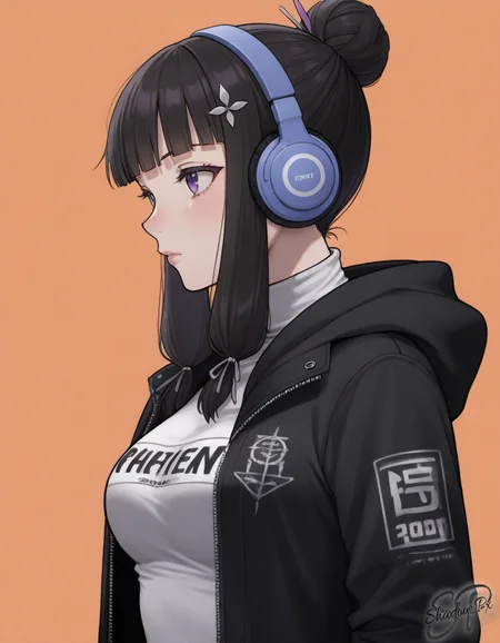 K43h4, black hair, hair ornament, purple eyes, single hair bun, masterpiece, best quality, amazing quality, very aesthetic, newest, scenery, uncensored, 1girl, solo, simple background, shirt, long sleeves, closed mouth, jacket, upper body, open clothes, hood, from side, open jacket, lips, black jacket, looking to the side, eyelashes, hoodie, turtleneck, headphones, hood down, clothes writing, hooded jacket, zipper, orange background, unzipped, zipper pull tab