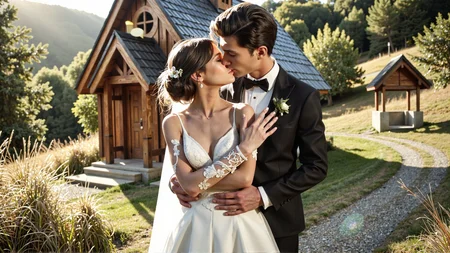 Candid photography of a couple embracing and kissing in front of a charming country chapel. The bride is wearing a stunning white wedding dress with intricate lace details, and the groom is dressed in a classic black tuxedo. They are standing in front of the small, wooden chapel on a sunny day. The bride's arms are crossed in front, and the groom's hands are gently placed on her waist. The soft sunlight illuminates the scene, creating a romantic and joyful atmosphere. The chapel and nature surrounding them add to the peaceful and loving moment. <lora:Sherry-00:1><lora:SelestaFlux1:1>