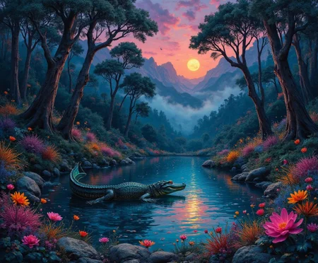 <lora:flux-collagestyle.safetensors:1> darkfantasycollagestyle
In a realm where the boundaries of reality blur, a tranquil pond pulses with an ethereal glow. The water, a deep, luminescent blue, shimmers with an otherworldly light, reflecting the twisting, bioluminescent flora that surrounds it. The menacing crocodile, now a creature of the unknown, emerges from the pond with an aura of ancient power. Its scales shimmer in iridescent hues, reflecting the otherworldly light, and its eyes glow with a piercing, emerald radiance.
The background is a dense, enchanted forest, where towering trees with trunks of polished amethyst and leaves of shimmering silver reach towards a sky filled with unfamiliar celestial bodies. The air is thick with a glowing mist that swirls around the base of the trees, casting long, dancing shadows. The mist interacts with the bioluminescent plants, creating a mesmerizing dance of light and shadow.
The color palette is rich and surreal, with deep purples, glowing blues, and vibrant greens interspersed with accents of neon pink and orange. Bright, bioluminescent flowers dot the landscape, their petals pulsating with a soft, rhythmic light. The rising sun, now a pale, silvery orb, casts a cool, otherworldly glow, transforming the scene into a place of deep mystery and awe.
The raw elements of nature, once grounded in reality, now exude an enchanting, magical quality. The crocodile, a symbol of both danger and ancient wisdom, stands as a guardian of this mystic realm, its presence adding a layer of depth and intrigue to the tranquil scene.