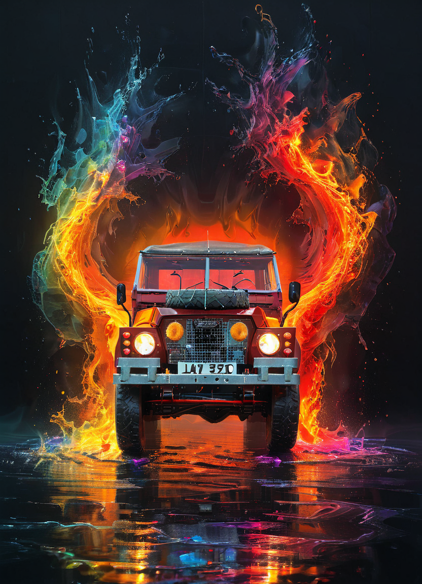 inddors, a red lghtwght land rover, simplistic, black room, lights, highly detailed, cinematic, colorful, splashing, reflections, water, energy, fluid, waves, engraved, fire
 <lora:Lightweight_Land_Rover_SDXL:0.8> <lora:ArtfullyME_SDXL__v1:0.8> Artme