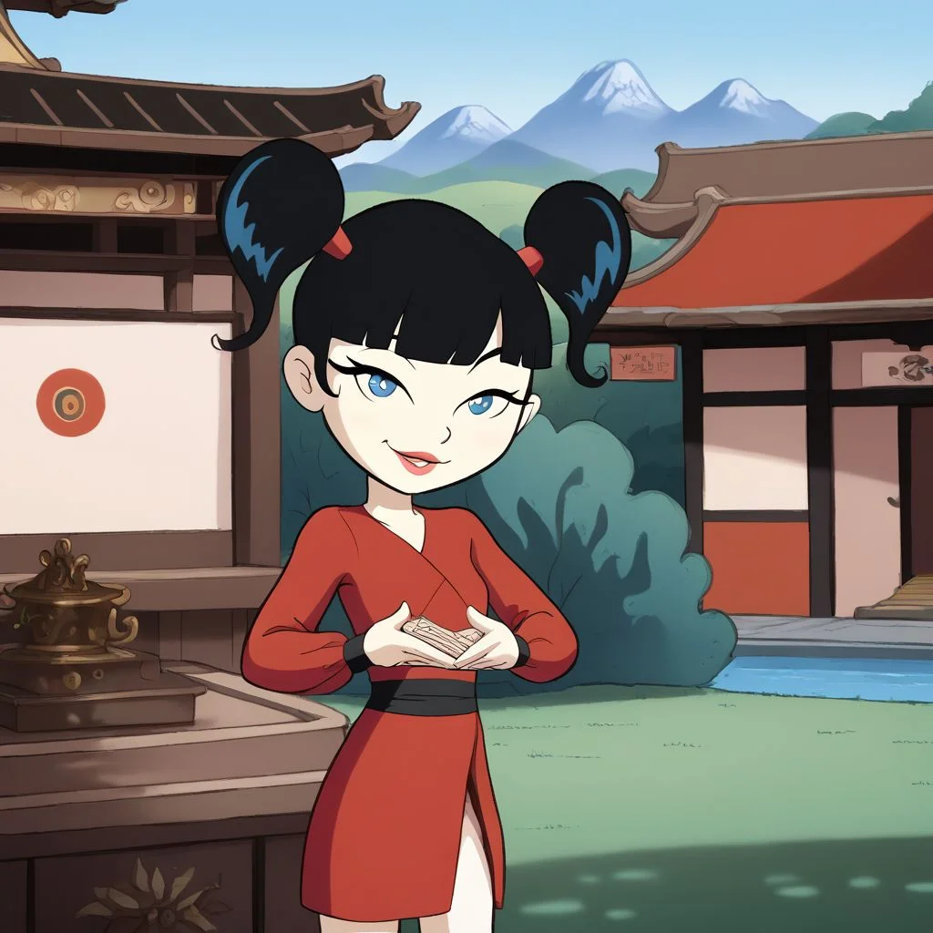 easynegative, kimiko 1girl, black hair, solo, twintails, bangs, smile, long sleeves, red dress, blunt bangs, looking at viewer, lipstick, outside shaolin temple, detailed,