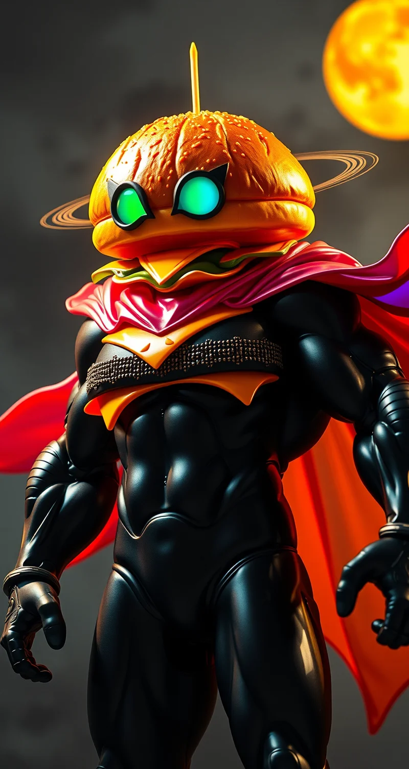 m100-style, a muscular Cheeseburger with a Planethead, juicy, deep blacks, charming mysterious, Action Scene, billowing translucent Rainbow colored cape, volumetric lighting, realistic analog photo,